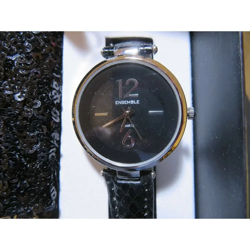 Ensemble Womens Watch & Small Purse Set Quartz Watch Black Leather Sequin Purse